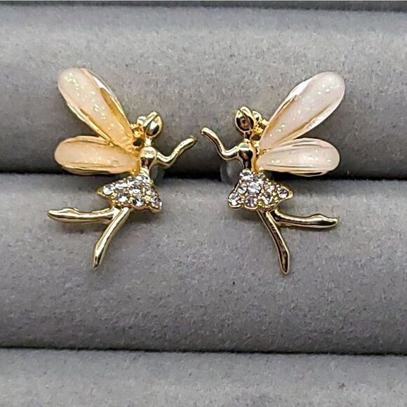 Fairy Elf Pixie Wing Rhinestone Stud Earrings Tinkerbell Folk Fantasy Enchanting - Picture 3 of 4